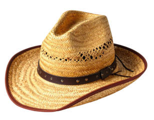 A straw hat with a brown leather band and rim, on transparent background