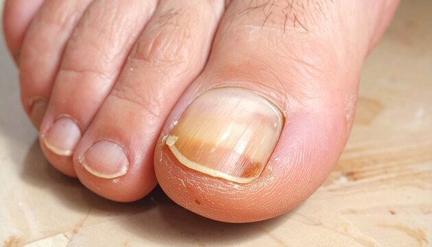 Close-up of a foot with a fungal nail infection, showing discoloration and damage.
