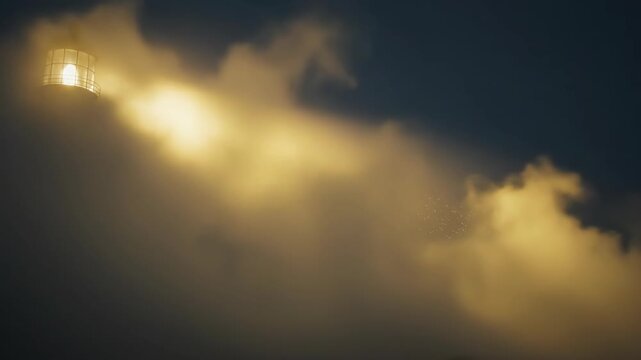 Coastal Lighthouse Beam Piercing Dense Fog at Night Golden Light Rays Illuminated in Darkness