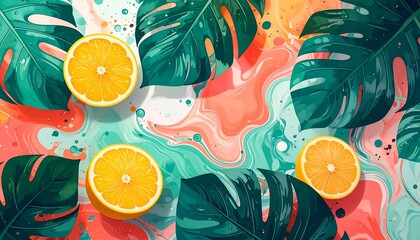 A vibrant, colorful digital illustration featuring sliced lemons, monstera leaves, and swirling paint