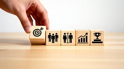 Hand arranging wooden blocks with icons