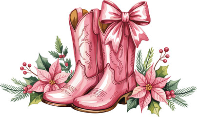 Pink, cowboy, boots, watercolor, illustration, floral, bow, feminine, western, fashion, footwear, vintage, country, girly, rustic, decorative, holiday, art, stylish, design