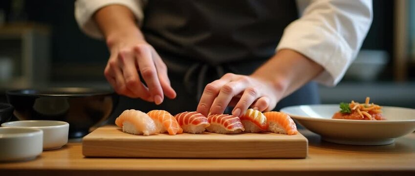 Chef delicately arranges sushi on a wooden board, hands moving with precision; camera executes a slow, cinematic pan, while ambient kitchen lights create a gentle flicker effect.