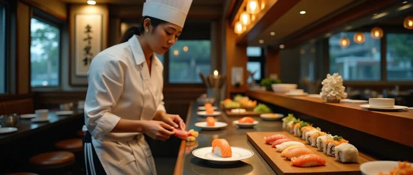 Sushi chef elegantly prepares vibrant sushi rolls on a sleek counter as camera slowly pans in warm, ambient light; cinematic, culinary artistry in motion for gourmet dining experiences.