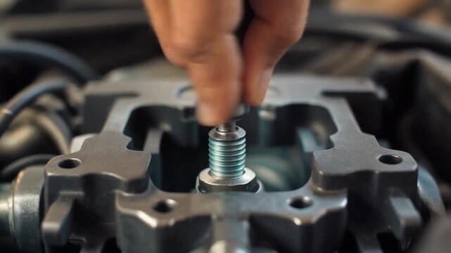 closeup of screwing new spark plug into engine