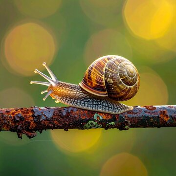 Close-up of a snail crawling on a rusty branch with a blurred background of bokeh lights.