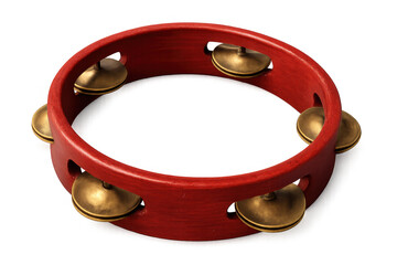 Tambourine, a red wooden percussion instrument with jingles, creating music and rhythm. Transparent background for easy use