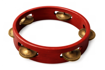 Tambourine, a red wooden percussion instrument with jingles, creating music and rhythm. Transparent background for easy use