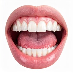 Obraz premium Close-up of a healthy mouth with white teeth and pink lips, showing the tongue.