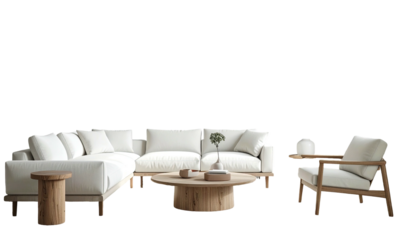 Modern living room setup white sectional, chair, & coffee table on black