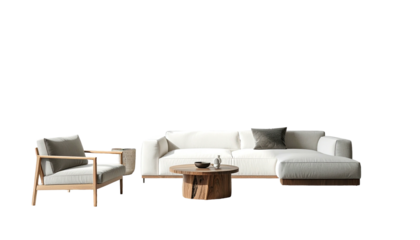 Modern living room scene, light sofa, wooden chair, coffee table
