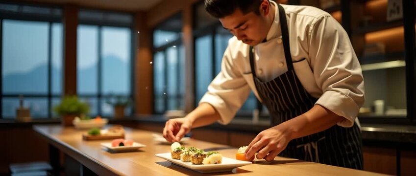Chef meticulously prepares gourmet dishes in a modern kitchen, captured with a cinematic slow pan; ambient light flickers softly, enhancing the culinary artistry and serene atmosphere.