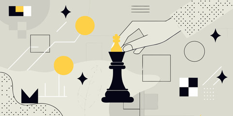 Abstract chess composition with hand moving a piece on a patterned background © Milton