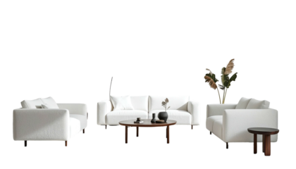 Interior with white sofas, coffee table, plants, and side table against a black backdrop