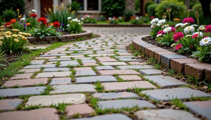 Garden pathway surrounded by colorful flowers and greenery.