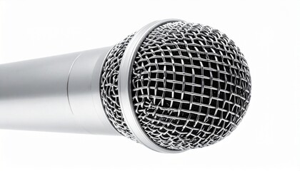 Close-up of a silver microphone isolated on a white background, studio shot.