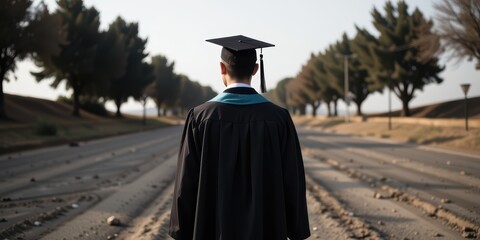 Graduate walking down a deserted road, symbolizing new beginnings.