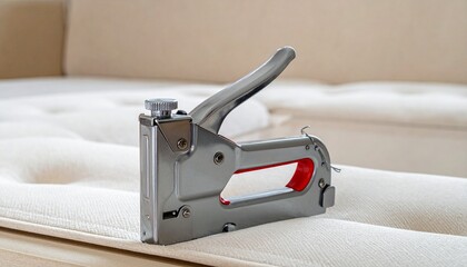 Close-up of a silver staple gun on a white fabric surface, ready for use.