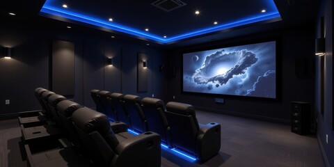 Home theater with dark decor and modern seating.