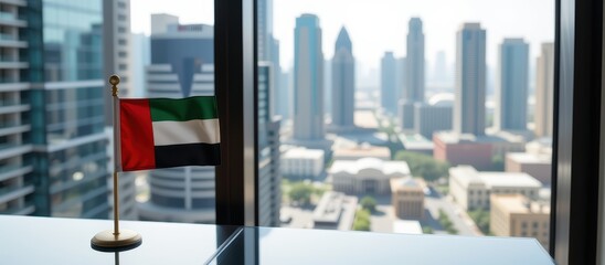 City skyline with UAE flag in focus through a window.