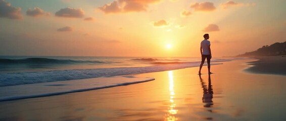 Serene sunset stroll on a tranquil beach, as gentle waves lapping the shore create ambient motion; cinematic slow pan captures the peaceful solitude and golden horizon.