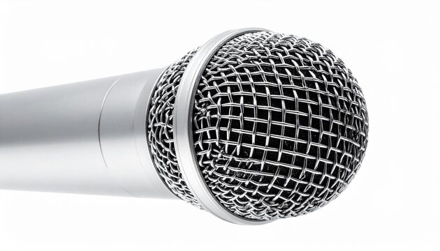 Close-up of a silver microphone isolated on a white background, studio shot.