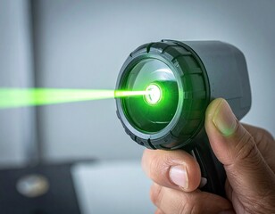 Close-up of a hand holding a green laser pointer device emitting a bright beam.