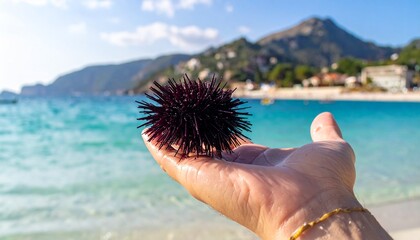 Close-up of a hand holding a sea urchin with a beautiful beach background.