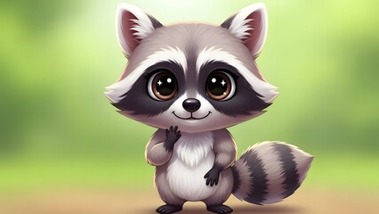 Obraz premium A charming and adorable illustration of a baby raccoon with big expressive eyes and a friendly smile, perfect for children's designs, stickers, and nursery decor.