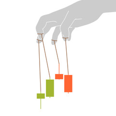 Hand controlling a Japanese candlestick with strings like a puppet, symbolizing market manipulation, controlled growth, business influence, financial control, and success management.