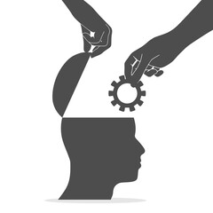 Human head with hand put cogwheel in it. Productivity, effectiveness. Intelligence and knowledge development with brain performance. Gear or technical wheel as learning element.
