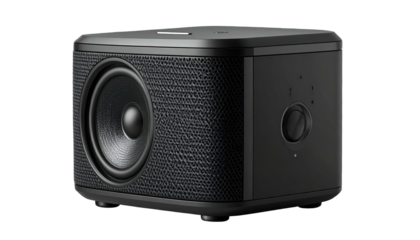 Modern, angular, black audio speaker with fabric grill and controls