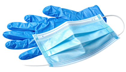 Blue medical gloves and mask, on black, highlighting protection