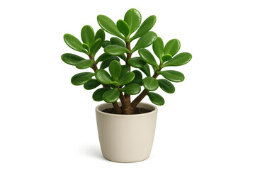 Fototapeta premium Jade plant crassula ovata in a minimalist white ceramic pot with thick green succulent leaves, transparent background