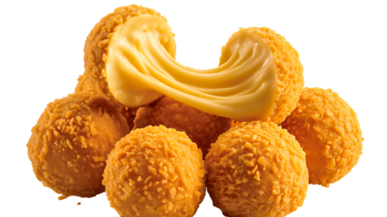 Pile of golden cheese balls with melted cheese oozing out on a black background fried isolated on a transparent background