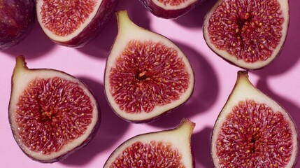 Close-up of ripe, halved figs with vibrant purple flesh and tiny seeds, arranged on a light pink surface