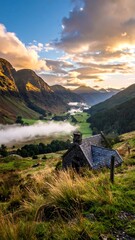 A stone cottage nestled in a valley with lush green hills under a vibrant sky at sunset