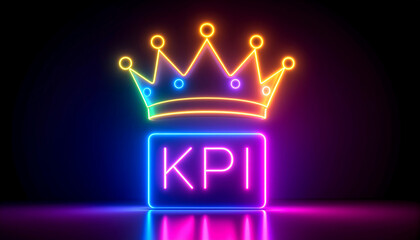 Fototapeta premium Neon glowing crown above KPI block symbolizing market leader status with vibrant colors and dark background