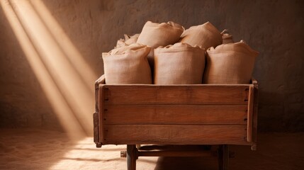 A wooden cart filled with burlap sacks, illuminated by soft rays of light in a rustic environment.