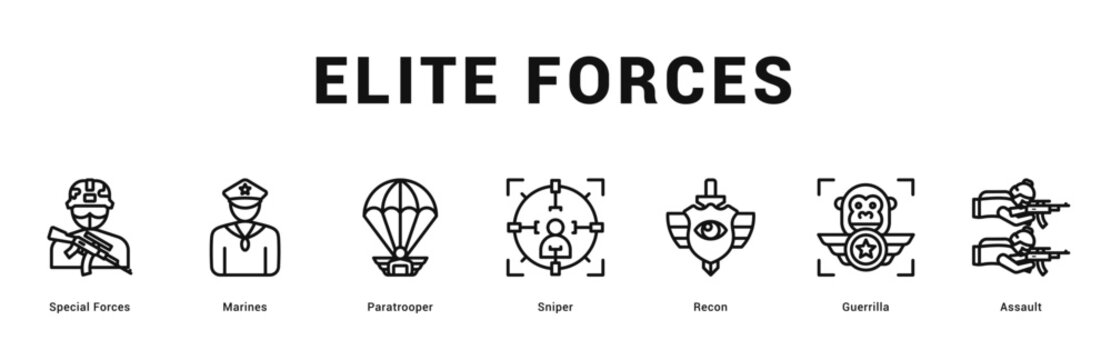 Elite Forces Modern and clean web banner illustration featuring thematic icons for visual communication