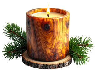 Lit candle in wooden holder with pine branches and a wooden coaster