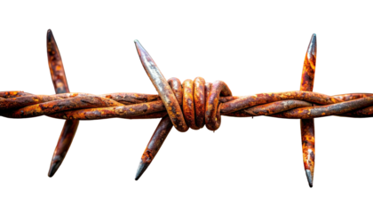 Close-up of rusty barbed wire against a stark black background