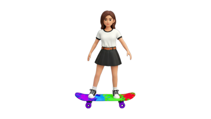 3D Girl on Skateboard Isolated on White Background