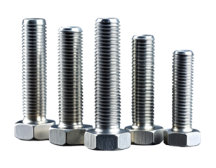 Five shiny metal fasteners with hexagonal heads on a stark black background