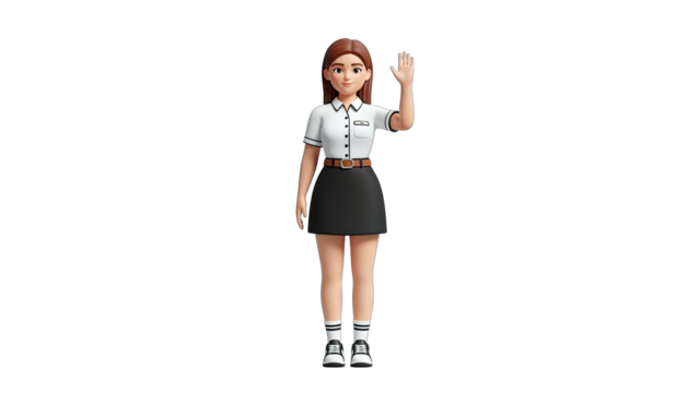 3D Girl Waving Hand in School Uniform on White - Powered by Adobe