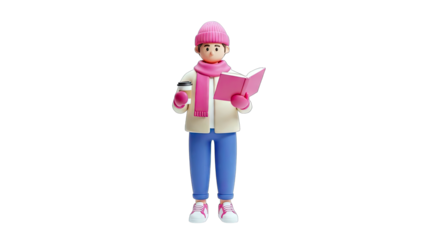 3D Character Reading Book and Holding Coffee