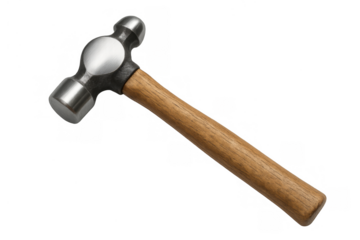 Ball peen hammer featuring a polished steel head and durable wooden handle, lying on a transparent background