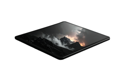 A dark, elevated view of a tablet displaying a mountain scene