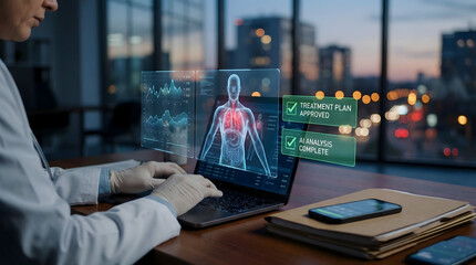 Doctor analyzing patient data on futuristic medical interface at desk