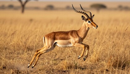 Naklejka premium Leaping male impala antelope with curved horns running through golden savanna grassland